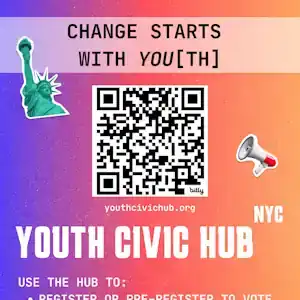 Poster with a red and blue map of New York City in the background and a QR code overlaid on top. Below a 'Youth Civic Hub' logo is a bulleted list explaining the features of the website. Click to expand.